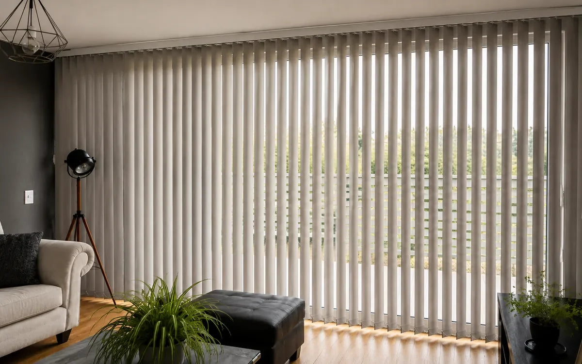 Cortina vertical beige en ventanal corredero de living